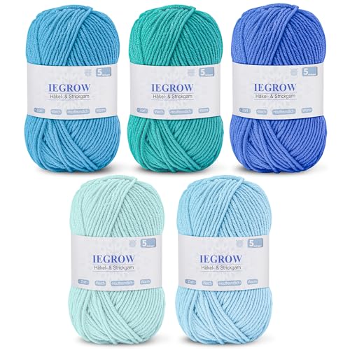 iEGrow Häkelgarn (50g x 5 Farben), 5-fach Garn zum Stricken, Garn zum Häkeln und Stricken,Handstrickgarn-Sets,Fleece-Pullover zum Stricken und Basteln, superweiches Acrylgarn für Anfänger und Kinder02 von iEGrow
