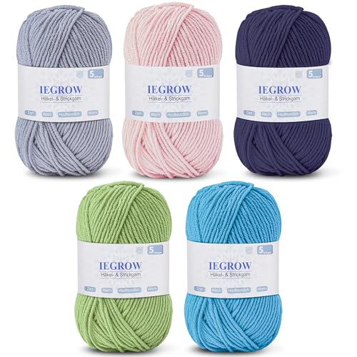 iEGrow Häkelgarn (50g x 5 Farben), 5-fach Garn zum Stricken, Garn zum Häkeln und Stricken,Handstrickgarn-Sets,Fleece-Pullover zum Stricken und Basteln, superweiches Acrylgarn für Anfänger und Kinder04 von iEGrow