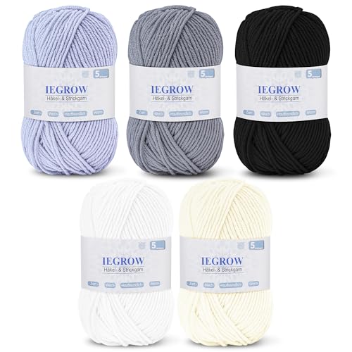 iEGrow Häkelgarn (50g x 5 Farben), 5-fach Garn zum Stricken, Garn zum Häkeln und Stricken,Handstrickgarn-Sets,Fleece-Pullover zum Stricken und Basteln,superweiches Acrylgarn für Anfänger und Kinder 05 von iEGrow