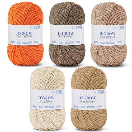 iEGrow Häkelgarn (50g x 5 Farben),5-fach Garn zum Stricken, Garn zum Häkeln und Stricken,Handstrickgarn-Sets,Fleece-Pullover zum Stricken und Basteln, superweiches Acrylgarn für Anfänger und Kinder 07 von iEGrow