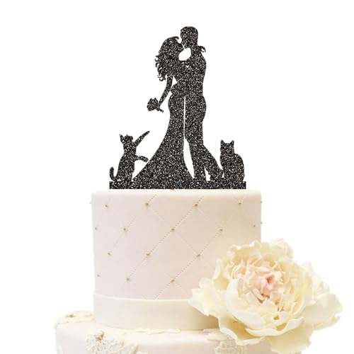 iEventStar Braut und Bräutigam Hochzeitstorte Topper Hochzeitsdekoration mit zwei Katzen Partydekorationen aus Acryl (Paar mit 2 Katzen, Glitzerschwarz) von iEventStar