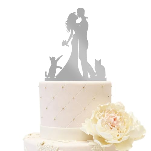 iEventStar Braut und Bräutigam Hochzeitstorte Topper Hochzeitsdekoration mit zwei Katzen Partydekorationen aus Acryl (Paar mit 2 Katzen, Spiegelsilber) von iEventStar