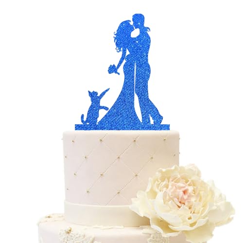 iEventStar Hochzeitstortenaufsatz für Braut und Bräutigam Hochzeitsdekoration mit einer Katze Acryl-Partydekorationen (Paar mit 1 Katze, Glitzerblau) von iEventStar