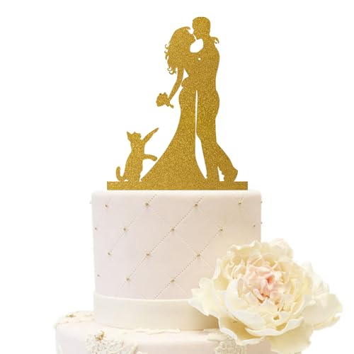 iEventStar Hochzeitstortenaufsatz für Braut und Bräutigam Hochzeitsdekoration mit einer Katze Acryl-Partydekorationen (Paar mit 1 Katze, Glitzergold) von iEventStar