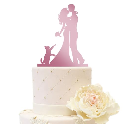 iEventStar Hochzeitstortenaufsatz für Braut und Bräutigam Hochzeitsdekoration mit einer Katze Acryl-Partydekorationen (Paar mit 1 Katze, Spiegel Rosa) von iEventStar