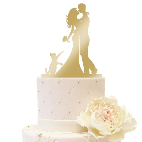 iEventStar Hochzeitstortenaufsatz für Braut und Bräutigam Hochzeitsdekoration mit einer Katze Acryl-Partydekorationen (Paar mit 1 Katze, Spiegelgold) von iEventStar