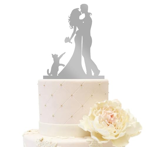 iEventStar Hochzeitstortenaufsatz für Braut und Bräutigam Hochzeitsdekoration mit einer Katze Acryl-Partydekorationen (Paar mit 1 Katze, Spiegelsilber) von iEventStar