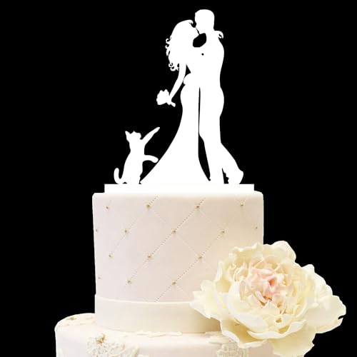iEventStar Hochzeitstortenaufsatz für Braut und Bräutigam Hochzeitsdekoration mit einer Katze Acryl-Partydekorationen (Paar mit 1 Katze, Weiß) von iEventStar
