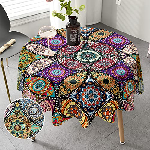 Tischdecke Rund 150 cm Boho landhausstil Tischdecke Böhmische Fleckschutz Pflegeleicht Abwaschbar Schmutzabweisend Table Cloth für Küche, Esstisch, Couchtisch, Parteien, Abendessen von iEvery