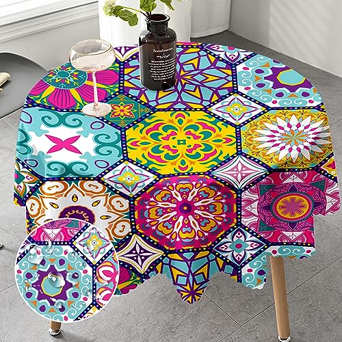 Tischdecke Rund 150 cm Marokkanisch Style Tischdecke für Draußen gartentischdecke rund Abwaschbar Schmutzabweisend für Garten Küche, Esstisch, Parteien von iEvery