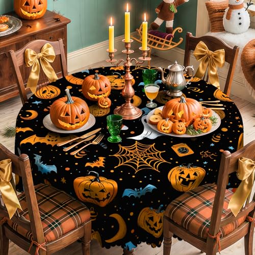 iEvery Halloween Tischdecke Rund 150 Abwaschbar, Halloween Kürbis Fledermaus Geist Deko Outdoor, Gartentischdecke Wetterfest Polyester Outdoor Table Cloth für Garten Küche Party von iEvery