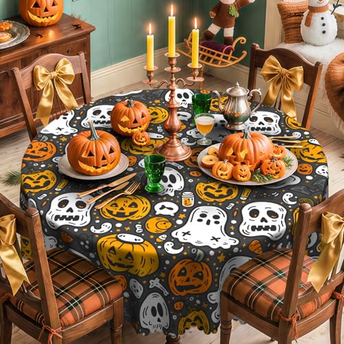iEvery Halloween Tischdecke Rund 150 Abwaschbar, Halloween Kürbis Geist Deko Outdoor, Gartentischdecke Wetterfest Polyester Outdoor Table Cloth für Garten Küche Party von iEvery