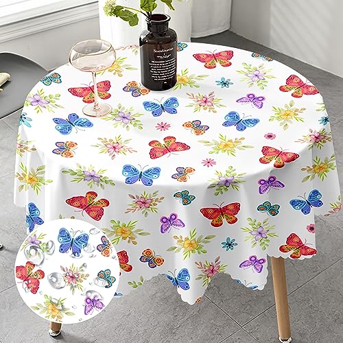 iEvery Tischdecke Rund Schmetterling 150 cm, Floral Runde Gartentischdecke Garten Tischdecken für Draußen Polyester Outdoor Abwaschbar Wetterfest Table Cloth für Küche Gartentisch Esstisch Party von iEvery