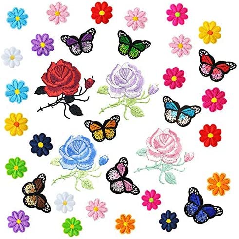 iFeeyea 36Pack Patches aufbügeln Gestickter Aufnäher Aufnähen Patches Set,Schmetterlinge Blumen Patch Applique Verschiedene Größen für Rucksäcke, Kleidung, Jacken von iFeeyea