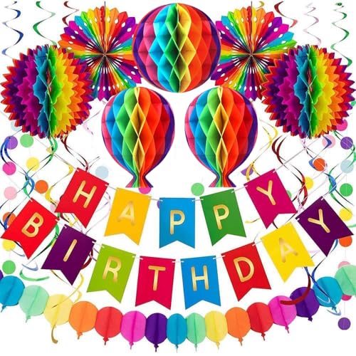 iFunLong Regenbogen Wiederverwendbare Geburtstagsdeko Set - Happy Birthday Banner, Wimpelkette, Papierfächer und Wabendekorationen, Luftschlangen Set, Bunte Papier Regenbogen Party Dekorationen für von iFunLong