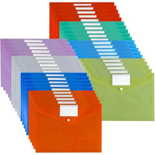iGolife Dokumententaschen A4，40 Stück Transparent Dokumentenmappe mit Druckknopf, 8 Farben Transparent Klarsichthüllen A4 Brieftaschen für Datei,Papier,Quittungen,Hausaufgaben, Schulbüro von iGolife