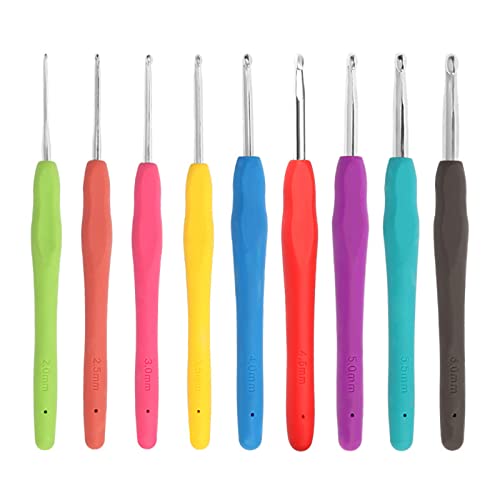 iJiGui Häkelnadel-Set, 9 Stück, Gelb, Schwarz, Rot, Grün, Blau, Orange, Lila, Hellblau, Rosa, Aluminiumoxid, TPR, Ergonomisch, Softgriff, Kompakt, Reisen, Geschenk von iJiGui