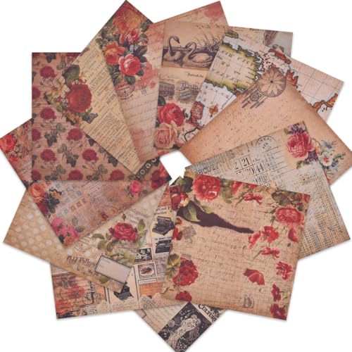 Vintage Rose Scrapbook Paper Pad Flower Patterned Cardstock Paper 6x6 ,24 Sheets Single Side Junk Journal Scrapbooking Papers for DIY Origami Card Making Art Collage Decorative Craft Papers von iKammo
