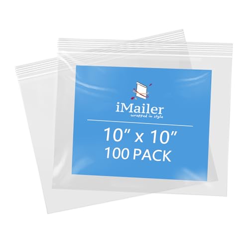 iMailer - 25,4 x 25,4 cm, 100 Stück, 2 mm wiederverschließbare Reißverschlussbeutel, transparente Plastiktüten mit Reißverschluss oben für Aufbewahrung, Organisation, Handwerk, Reisen von iMailer