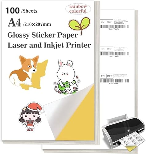 Universelle selbstklebende Etiketten Glänzendes Druckerpapier A4 Klebepapier Etikettendrucker Bedruckbar für Bürobedarf Laser- und Tintenstrahldrucker (100 Blatt) von iMustech
