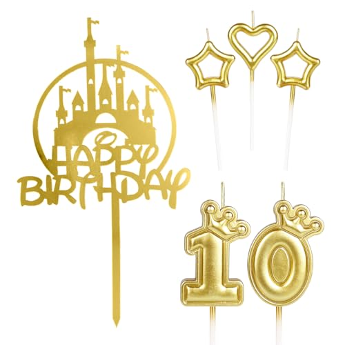 iNINGER Kuchendekoration zum 10. Geburtstag für Mädchen, Goldschloss, Krone Nummer 10, Kerze für Kuchen, Kerzen, Kuchen, Cupcake-Topper für Frauen, Geburtstagsdekoration, 10. Hochzeitstag von iNINGER