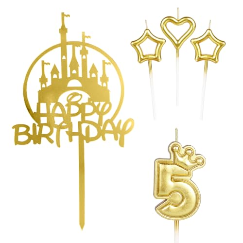 iNINGER Tortenaufsatz für Mädchen, Motiv: Happy 5th Birthday, goldfarbene Burg, Krone Nummer 5, Kerze für Kuchen, Kerzen, Kuchen, Cupcake-Topper für Baby-Geburtstag, Party-Dekoration, 5. Hochzeitstag von iNINGER
