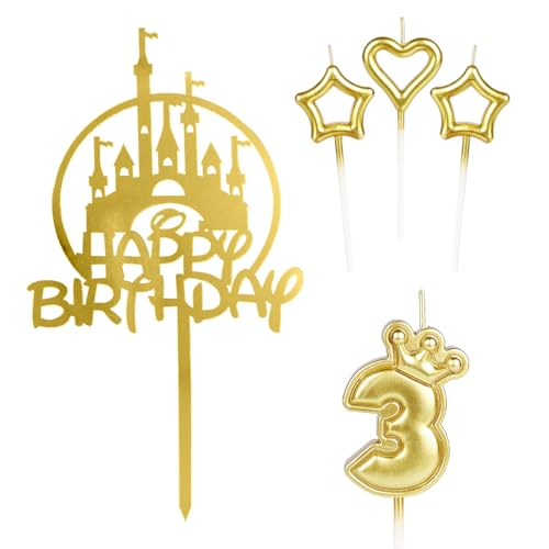 iNINGER Tortenaufsatz für Mädchen mit Aufschrift "Happy 3rd Birthday", Goldschloss, Krone Nummer 3, Kerze für Kuchen, Kerzen, Kuchen, Cupcake-Topper für Baby-Geburtstag, Party-Dekoration, 3. von iNINGER