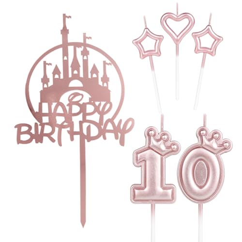 iNINGER Tortenaufsatz zum 10. Geburtstag, rotgoldener Schloss-Kuchenaufsatz, Krone Nummer 10, Kerze für Kuchen, Roségold-Kerzen, Cupcake-Topper für Geburtstagsparty, Hochzeit, Jahrestag, Dekorationen von iNINGER