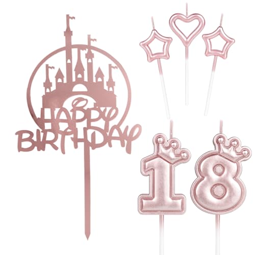 iNINGER Tortenaufsatz zum 18. Geburtstag, rotgoldener Schloss-Kuchenaufsatz, Krone Nummer 18, Kerze für Kuchen, Roségold-Kerzen, Cupcake-Topper für Geburtstagsparty, Hochzeit, Jahrestag, Dekorationen von iNINGER