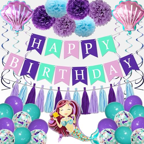 iPartycool Geburtstagsballons Happy Birthday Girlande Deko Set Geburtstagsdeko Meerjungfrau Themen Party Happy Birthday Banner mit Quastenbänder,Hängende Wirbel,Luftballons Happy Birthday Dekoration von iPartycool