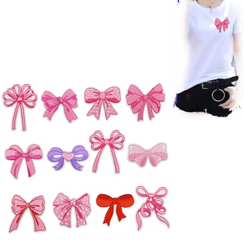 iRIIRIO 12 rosa Schleifen zum Aufbügeln oder Aufnähen in verschiedenen Stilen, rosa Schleife, bestickte Aufnäher für Hüte, Rucksäcke, Socken, T-Shirts, Jacken, DIY von iRIIRIO