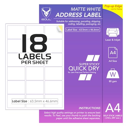 18 Etiketten pro A4-Blatt, 50 Blatt 900 Klebeetiketten, bedruckbares Aufkleberpapier, iSOUL matt, selbstklebend, Adressversand, Versand, Porto, Laser- und Tintenstrahldrucker kompatibel [Quickdry] von iSOUL