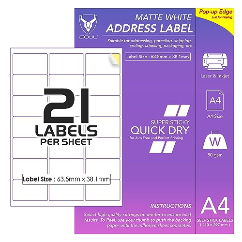 21 Etiketten pro A4-Blatt, 50 Blatt, 1050 Klebeetiketten, bedruckbares Aufkleberpapier, iSOUL matt, selbstklebend, Adressversand, Versand, Porto, Laser- und Tintenstrahldrucker, kompatibel [QuickDry] von iSOUL