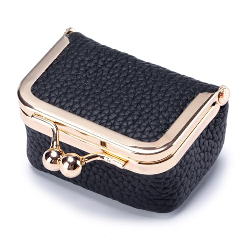 iSuperb Mini-Schmuckschatulle aus echtem Leder, Mini-Reise-Schmucketui, Münzbörse, tragbarer Vintage-Kuss-Lock-Organizer für Damen, Schmuckaufbewahrung, Ohrringe, Ringe, Halskette (schwarz) von iSuperb