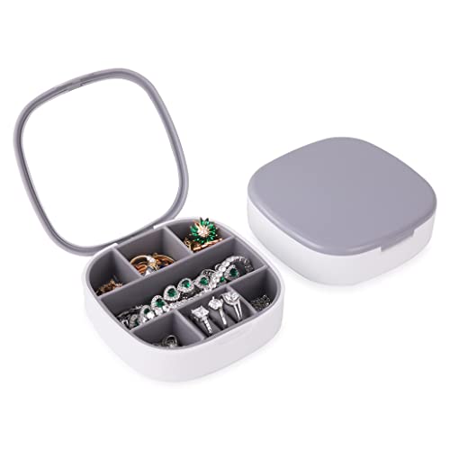 iSuperb Schmuckkästchen Mädchen mit Spiegel, Schmuckkästchen Reise Klein Schmuckschatulle Silikon Schmuckbox Mini Schmuckkoffer für Ringe Ohrringe Halskette Small Travel Jewelry Box (Weiß+ Grau) von iSuperb