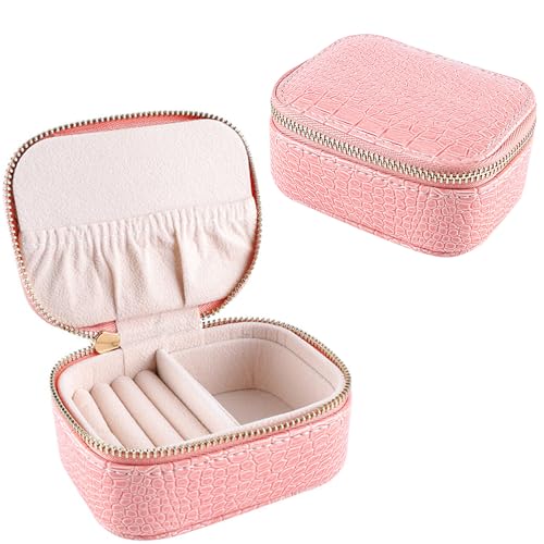iSuperb Schmuckkästchen Reise, Kleine Schmuckschatulle für Damen, PU Leder Schmucketui Schmuckbox Mini Jewelry Box Aufbewahrungsbox für Ringe Ohrringe Halskette Geschenk, Rosa von iSuperb