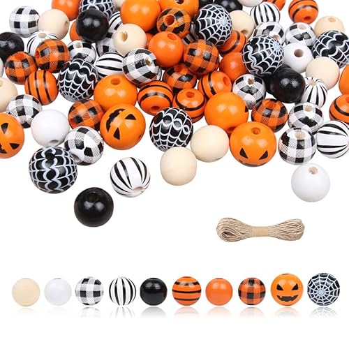 Halloween-Büffelkarierte Holzperlen, Kürbis-Fledermaus-Design, Bastelbedarf für Schmuckherstellung, Party-Dekoration (Kürbis-Plaid-Perlen) von iToids