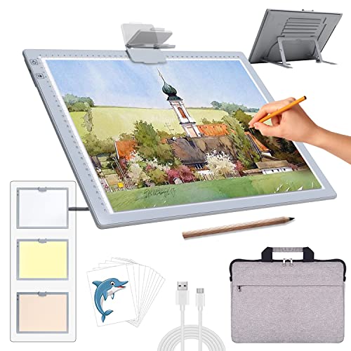 Wiederaufladbares A3 Leuchttisch mit Tasche,kabellos batteriebetrieben Led LichtPad,3 Farben dimmbar und 6 Helligkeitsdimmen Lichtplatten für Zeichnung,Diamond Painting,Malen,Röntgenbetrachtung von iVAOOZE