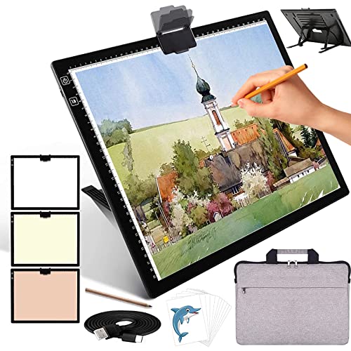 Wiederaufladbares A3 Leuchttisch mit Tasche,kabellos batteriebetrieben Led LichtPad,3 Farben dimmbar und 6 Helligkeitsdimmen Lichtplatten für Zeichnung,Diamond Painting,Malen,Röntgenbetrachtung Wiederaufladbares A3 Leuchttisch mit Tasche,kabellos batteriebetrieben Led LichtPad,3 Farben dimmbar und 6 Helligkeitsdimmen Lichtplatten für Zeichnung,Diamond Painting,Malen,Röntgenbetrachtung von iVAOOZE