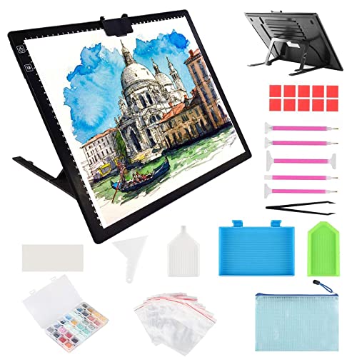 iVAOOZE Leuchttisch A3 mit Ständer/clips,3000mAH Batterie Wiederaufladbares lichtpad,3 Farben dimmbar und 6 Helligkeitsdimmen Lichtplatten für Zeichnung,Diamond Painting,Skizzieren,Tattoo,Designen von iVAOOZE