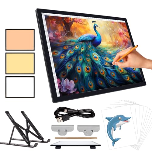 iVAOOZE Leuchttisch A3 mit Ständer/clips,3000mAH Batterie Wiederaufladbares lichtpad,3 Farben dimmbar und 6 Helligkeitsdimmen Lichtplatten für Zeichnung,Diamond Painting,Skizzieren,Tattoo,Designen von iVAOOZE