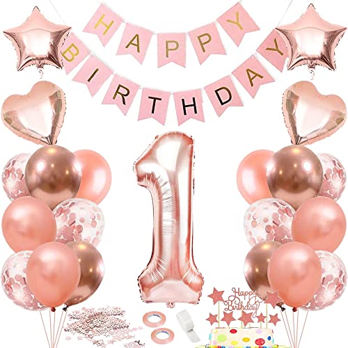 1. Geburtstag Dekoration, 1 Geburtstag Deko, 1 Jahr Geburtstagdeko, Luftballon 1. Mädchen Geburtstag Deko, 1 Geburtstag Mädchen Rosegold, 1 Geburtstag Frau, Rosegold Geburtstag Deko zum Mädchen von iWheat