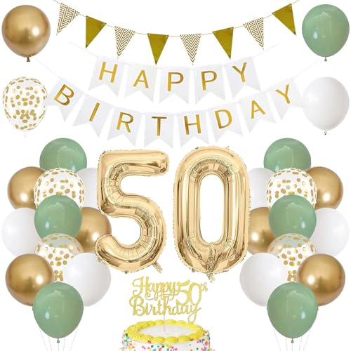 50. Geburtstag Dekoration Salbeigrüne, Grün Gold Luftballon Deko 50. Geburtstag mit Zahl 50 Folienballon, Happy Birthday Banner, Tortendeko für 50. Happy Birthday Deko Frau Mann von iWheat