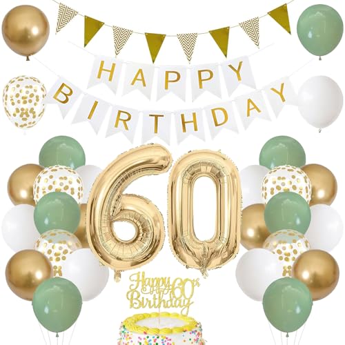 60. Geburtstag Dekoration Salbeigrüne, Grün Gold Luftballon Deko 60. Geburtstag mit Zahl 60 Folienballon, Happy Birthday Banner, Tortendeko für 60. Happy Birthday Deko Frau Mann von iWheat