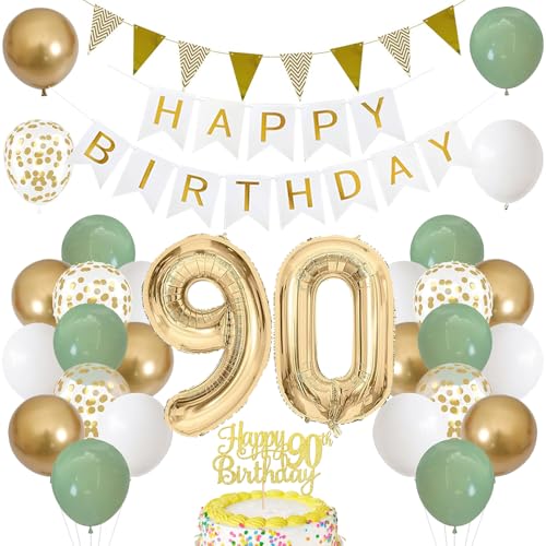 90. Geburtstag Dekoration Salbeigrüne, Grün Gold Luftballon Deko 90. Geburtstag mit Zahl 90 Folienballon, Happy Birthday Banner, Tortendeko für 90. Happy Birthday Deko Frau Mann von iWheat