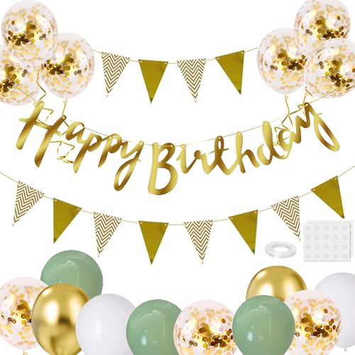 Geburtstag Dekoration Set, Grün Gold Luftballons Geburtstagsdeko, Party Deko Geburtstag Set mit Happy Birthday Banner Girlande Luftballons Konfetti Ballons Dreiecksflaggen für Birthday Party Supplies von iWheat