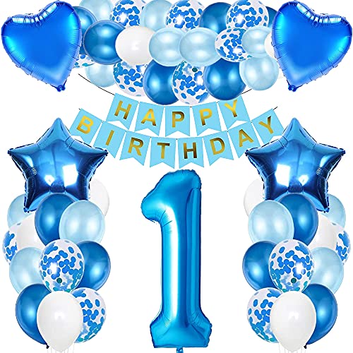 Luftballon 1. Geburtstag Blau, iWheat Deko 1. Geburtstag Junge, Geburtstagsdeko 1 Jahr Junge, Riesen Folienballon Zahl 1, Happy Birthday Banner Folienballon Zahl 1 für Kinder Junge von iWheat