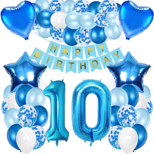 iWheat Luftballon 10. Geburtstag Blau, Deko 10. Geburtstag Junge, Geburtstagsdeko 10 Jahr Junge, Riesen Folienballon Zahl 10, Happy Birthday Banner Folienballon Zahl 10 für Kinder Junge von iWheat