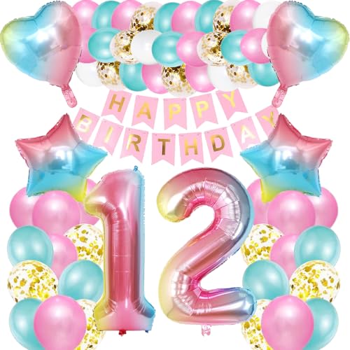 iWheat Luftballon 12. Geburtstag Rosa, Deko 12. Geburtstag Mädchen, Geburtstagsdeko 12 Jahre Mädchen, Riesen Folienballon Zahl 12, Happy Birthday Banner Bunt Folienballon Zahl 12 für Kinder Mädchen von iWheat