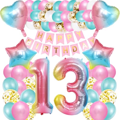 iWheat Luftballon 13. Geburtstag Rosa, Deko 13. Geburtstag Mädchen, Geburtstagsdeko 13 Jahre Mädchen, Riesen Folienballon Zahl 13, Happy Birthday Banner Bunt Folienballon Zahl 13 für Kinder Mädchen von iWheat